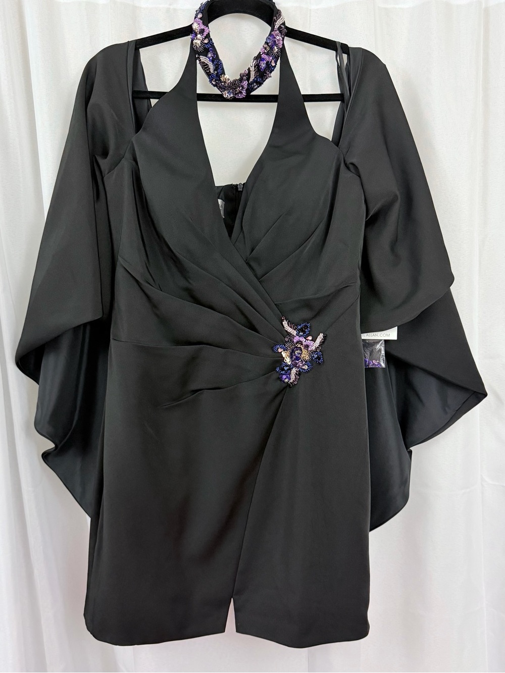 Black Halter Caped Midi Dress w/Purple Embellishments & Choker Neck 12S